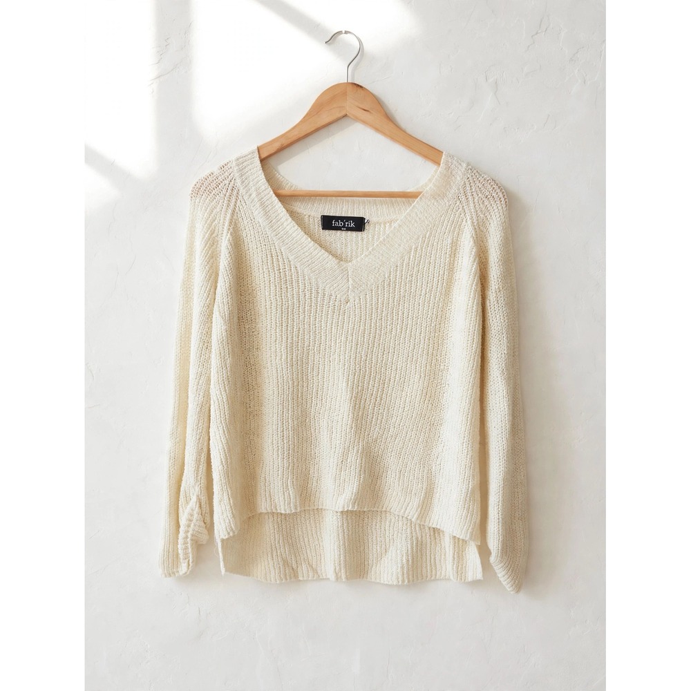 Fab'rik Cream V-Neck Knit Sweater High-Low Hem Off-White Size S/M